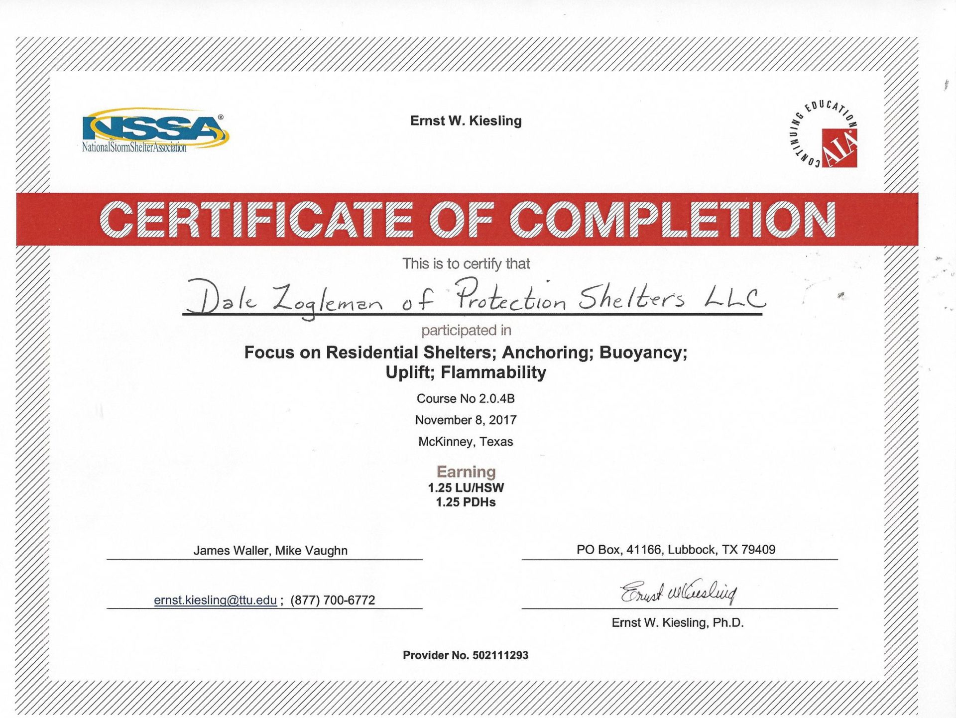 NSSA Certificates of Completion - Protection Shelters LLC.